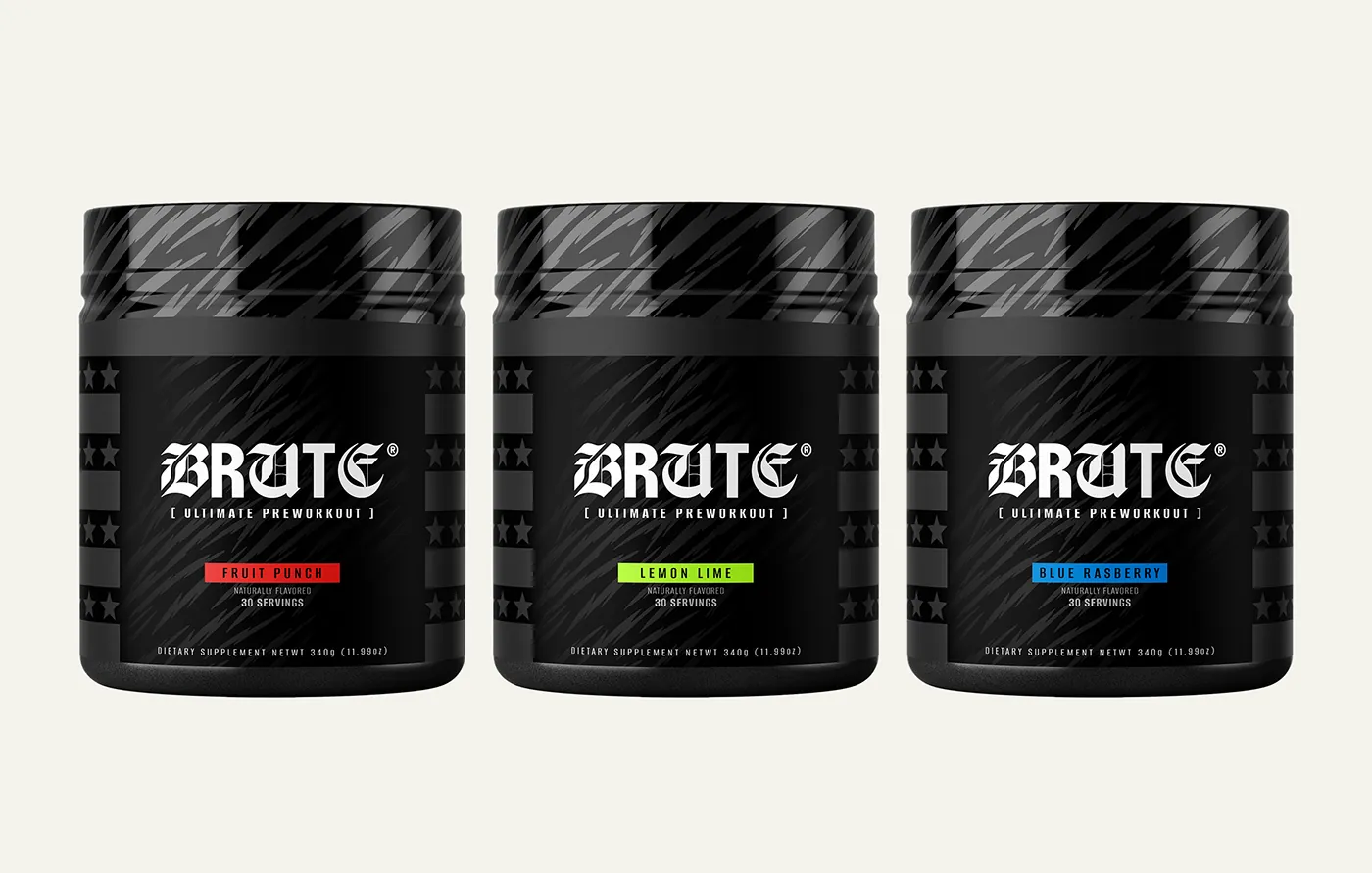 Brute Ultimate Preworkout tubs in three flavors
