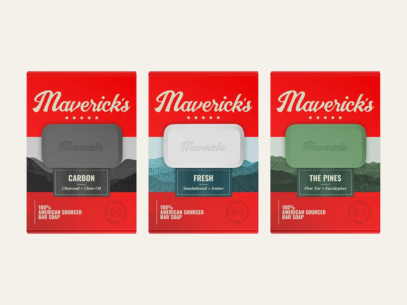Maverick's American-sourced bar soap packaging in patriotic red